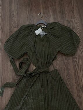 Moon River Olive Green Striped Cut-Out Midi Dress with Tie Waist